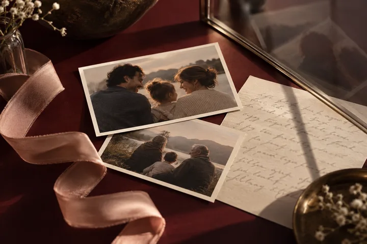Two family photographs, a handwritten letter, and a pale ribbon rest on a burgundy table, evoking care that remembers without demanding access.