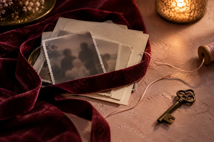 A burgundy ribbon winds around old family photographs beside a brass key and spool of thread, suggesting privacy, memory, and guarded access.