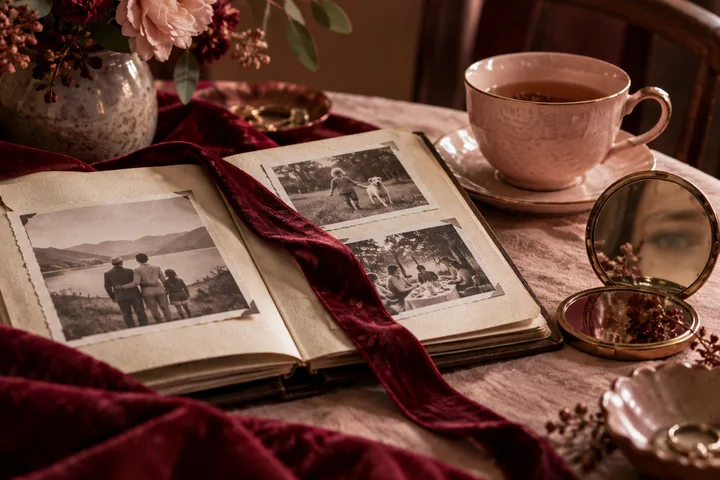 An open family album rests beside a cup of tea, flowers, and a small mirror, creating an intimate scene about memory and emotional boundaries.