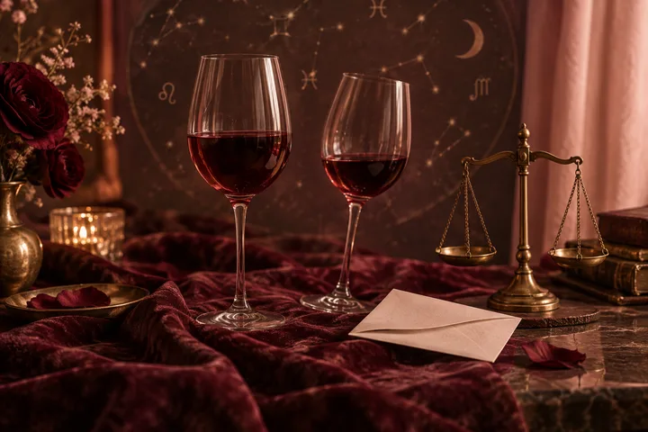 Two red wine glasses beside a brass balance scale, roses, books, and a sealed letter on burgundy fabric.