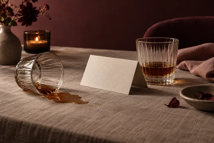 A tipped tumbler spilling amber liquor beside an upright glass and blank folded card on a candlelit table.