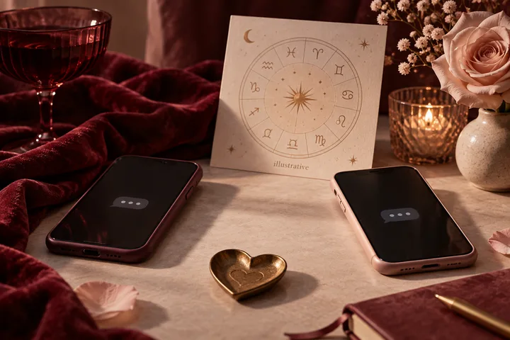 Two smartphones with message icons sit on a table beside an illustrative zodiac wheel, a heart-shaped dish, flowers, a candle, and a notebook.
