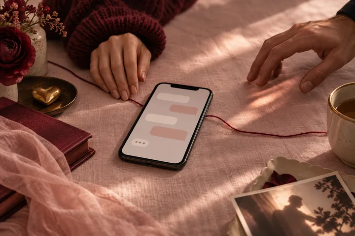 A smartphone displaying abstract chat bubbles lies between two hands on a pink cloth, with a red thread, books, flowers, a cup, and a photograph nearby.