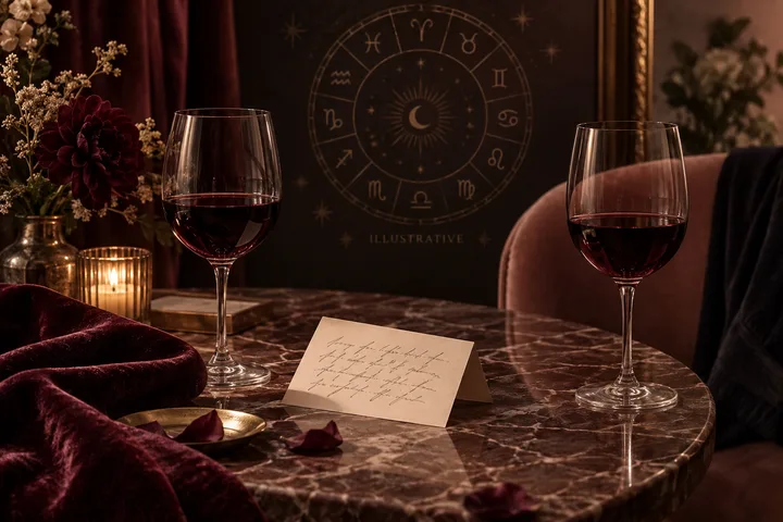 Two glasses of red wine and a folded note sit on a marble table beneath an illustrative zodiac wheel, with burgundy flowers and candlelight around them.