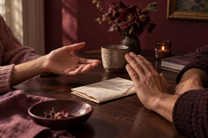 Two people gesture across a wooden table during a serious conversation, with an opened envelope between them, a ceramic mug, and burgundy flowers behind them.