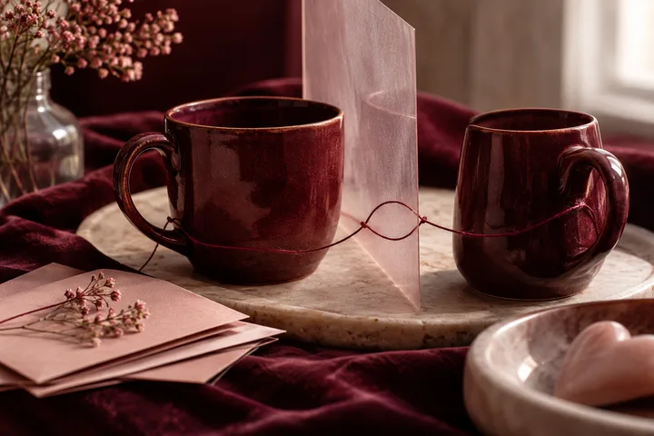 Two glossy burgundy mugs sit on opposite sides of a translucent divider, linked by a thin red thread on a marble tray beside pink cards and flowers.
