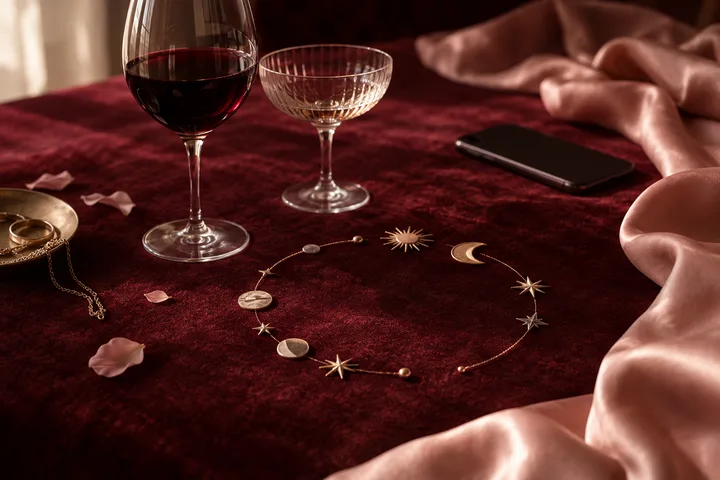 A black phone, two wine glasses, jewelry, and small celestial ornaments rest on burgundy fabric beside draped blush satin.