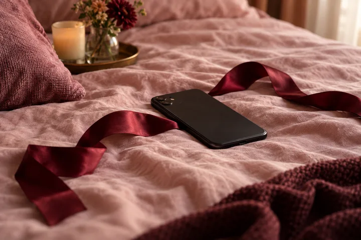 A black phone lies on a blush bed, looped by a long burgundy ribbon beside a mauve pillow and blanket.