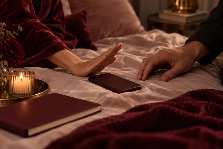 One raised hand pauses above a phone while another hand rests nearby on a blush bed, with a candle, flowers, and a closed book.