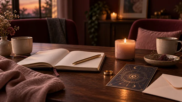 Burgundy editorial still life with an open journal, gold wedding band, candle, and decorative illustrative celestial chart beside two chairs