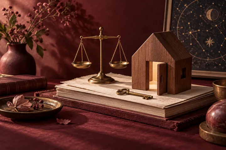 Tactile burgundy still life with a balanced brass scale, open wooden house model, key, and decorative illustrative star map