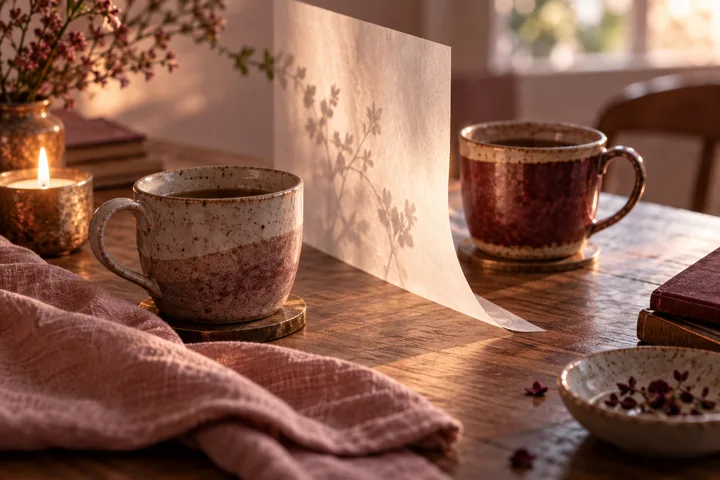 Warm close-up still life of two ceramic cups separated by a lifted translucent paper screen, candlelight, and blush linen