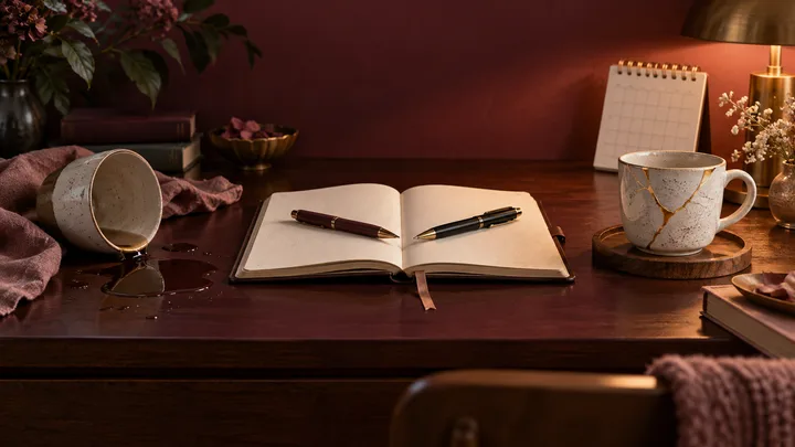 Burgundy desk still life showing a tipped cup, open notebook with two facing pens, and repaired gold-veined cup beside a blank calendar