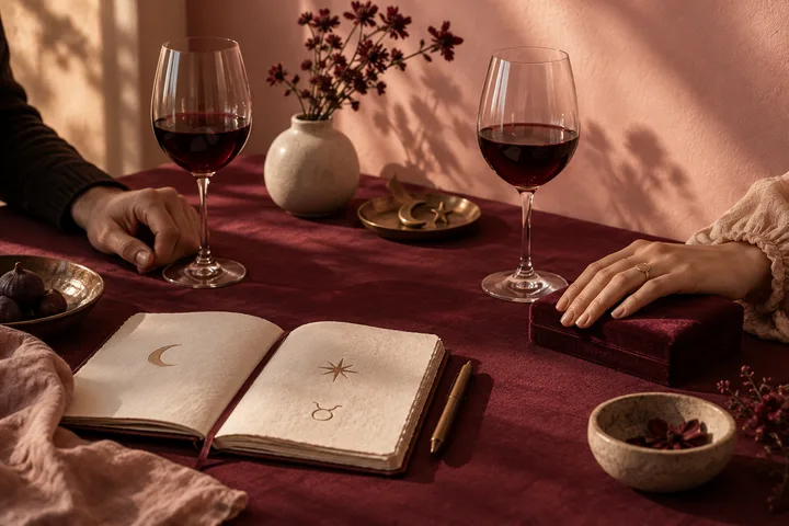 An intimate burgundy and blush still life with two wine glasses, an open astrology notebook, and a hand resting beside a velvet box, suggesting desire held alongside a respected boundary.
