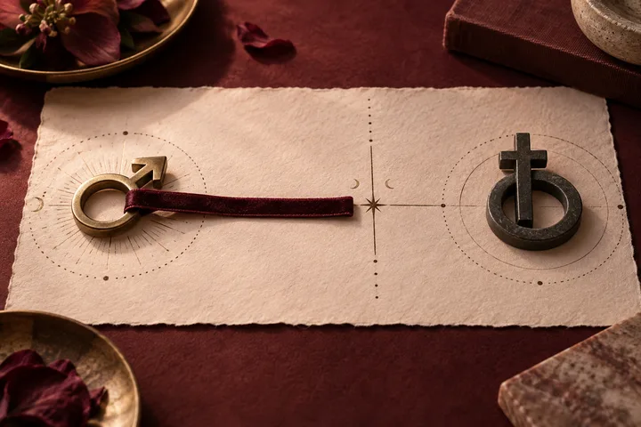 A brass Mars symbol and dark Saturn symbol sit on an illustrative astrological paper diagram while a burgundy velvet ribbon stops at a central boundary line.