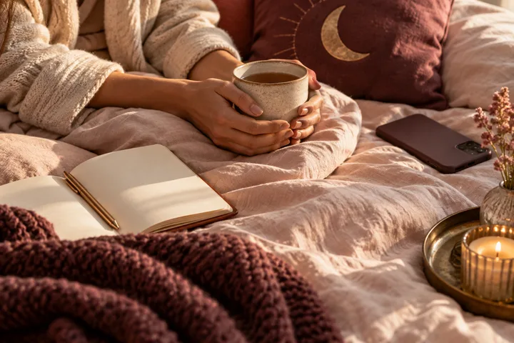 A woman’s hands gently hold a warm teacup on a softly lit blush linen sofa beside a closed phone, an open journal, and a decorative crescent moon pillow.