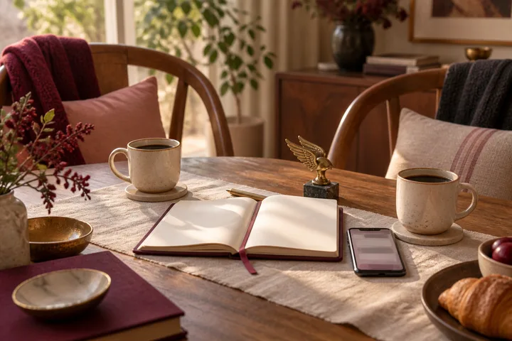 Two coffee cups face each other across a sunlit wooden table with an open notebook, blank phone screen, and small brass messenger bird, evoking a clear morning-after conversation.
