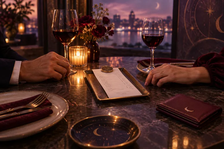 An intimate restaurant table with a shared bill between two paused hands, candlelight, burgundy details, and subtle celestial motifs.
