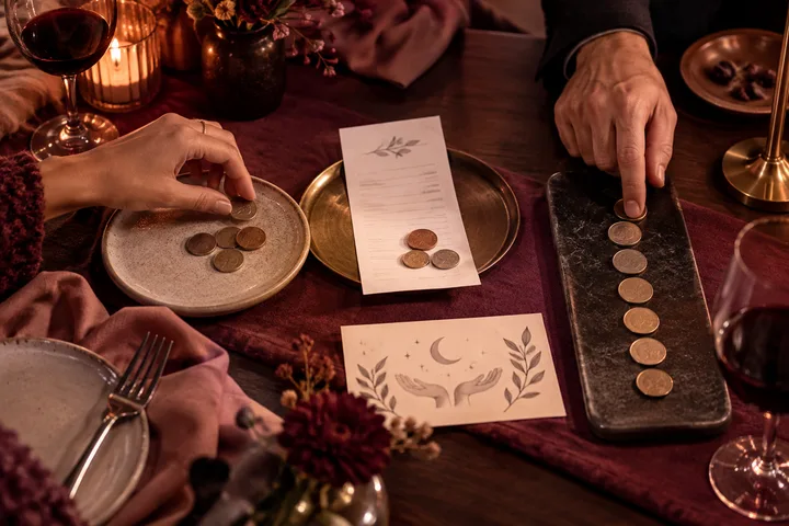 Two hands arrange coins and a receipt on a burgundy dining table, contrasting balanced exchange with rigid scorekeeping.