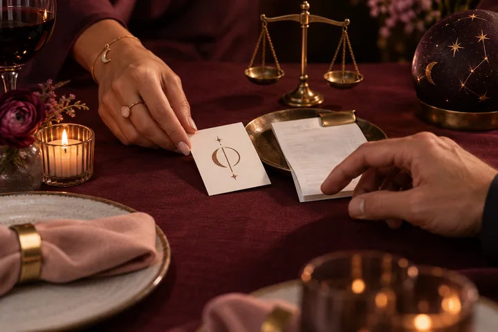A woman places an abstract boundary card beside a shared receipt while another hand pauses, with a brass balance and celestial sphere nearby.