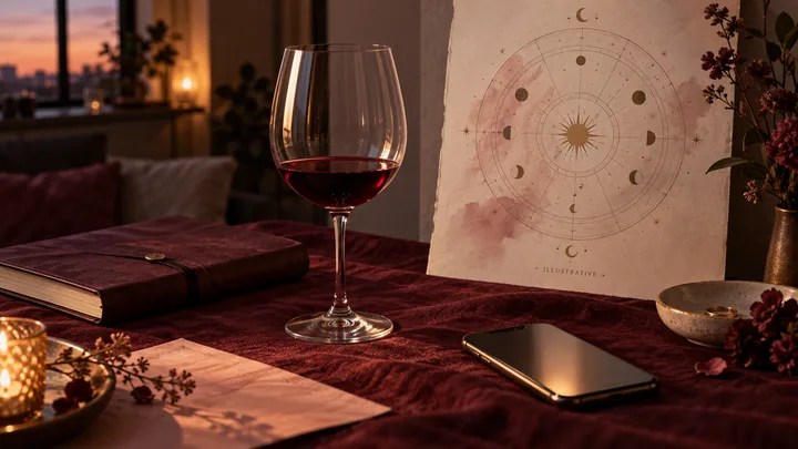 Editorial still life with a wine glass, closed notebook, phone, and an illustrative astrological chart on burgundy linen, suggesting the tension between romantic projection and sober evidence.
