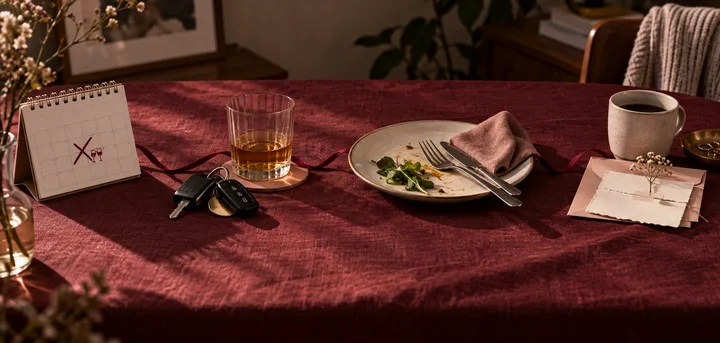 Wide editorial tabletop sequence showing a crossed-out date on a calendar, car keys beside a drink, a cold dinner plate, and a quiet morning note, illustrating a repeated relationship pattern.