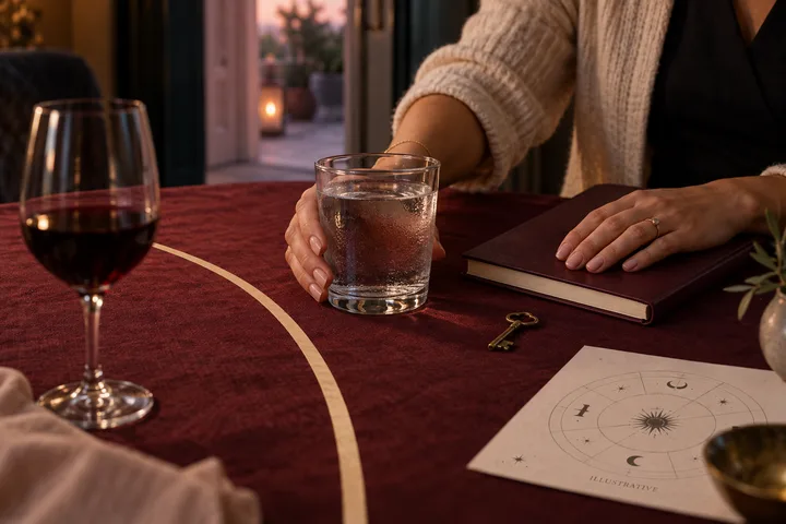 Close-up of a woman placing a glass of water beside a notebook and key while a wine glass sits beyond a pale boundary line, with an illustrative chart fragment nearby.