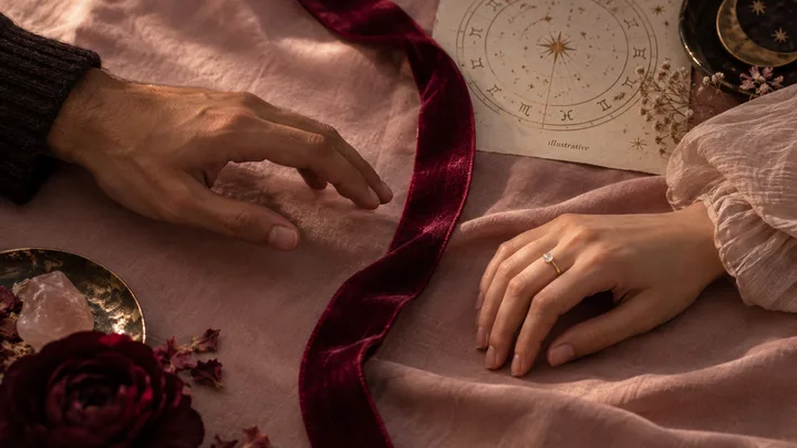 Two hands rest apart on blush-colored fabric, separated by a burgundy ribbon; an illustrative zodiac chart is visible above them.