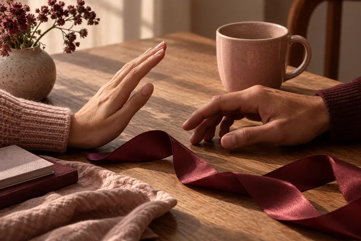 One hand is raised open toward another hand across a wooden table, with a burgundy ribbon, mugs, flowers, and books around them.