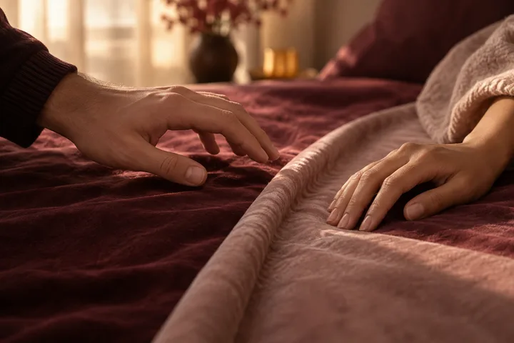 Two hands rest on opposite sides of a folded pale blanket on a burgundy bed; a mug and books are visible in the background.