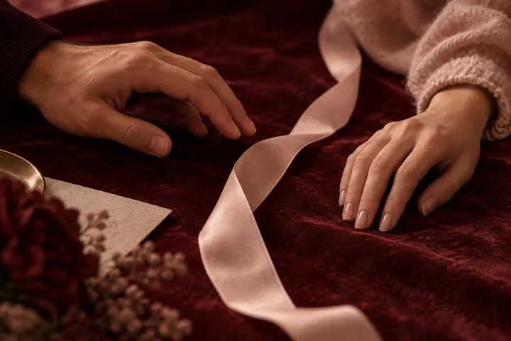 Two hands rest apart on burgundy fabric with a pale ribbon between them; flowers and a small dish appear at the lower left.