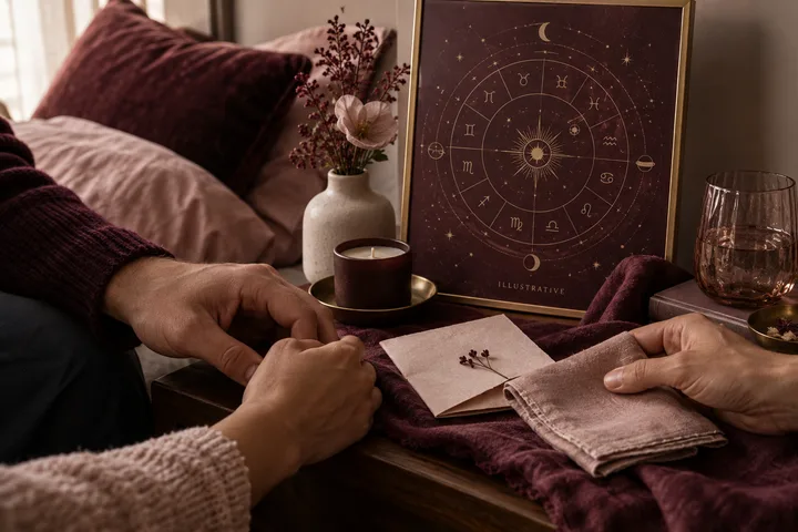 Burgundy and blush still life with a folded note, a small illustrative moon chart, and two cups set apart, evoking grief and emotional safety.