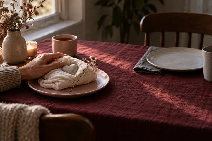 Burgundy table setting with a hand resting on a folded cloth, a mug, dried flowers, candles, and an empty place setting, evoking quiet care after loss.