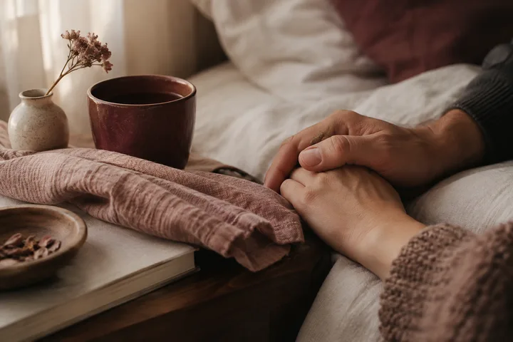 Two hands rest together on a bed beside a burgundy mug, folded blanket, vase, and dried flowers, evoking comfort and unhurried closeness.
