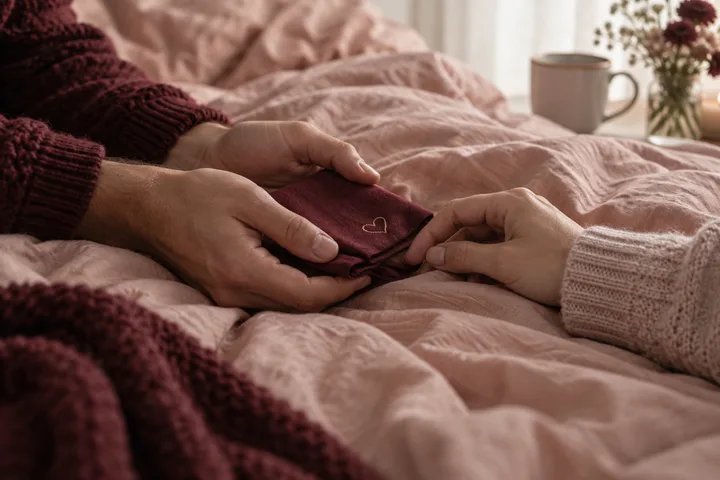 Two pairs of hands hold a folded burgundy cloth with a small embroidered heart over a softly lit bed, evoking tenderness and repair.