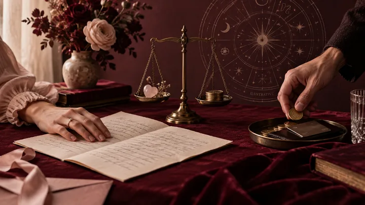 Hands rest beside handwritten papers while another hand places a coin in a dish; a balance scale, coins, flowers, and a circular star pattern are in the background.