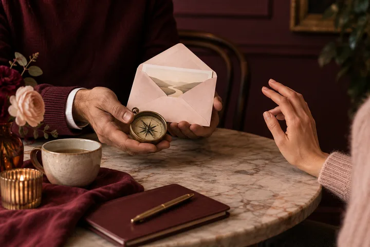 One person holds an open envelope and a compass across a marble table while another hand reaches toward them.