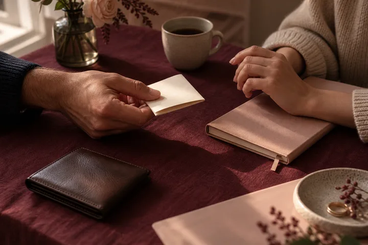 Two people sit across a burgundy-covered table as one offers a small blank card; notebooks, a wallet, a cup, flowers, and a dish are nearby.