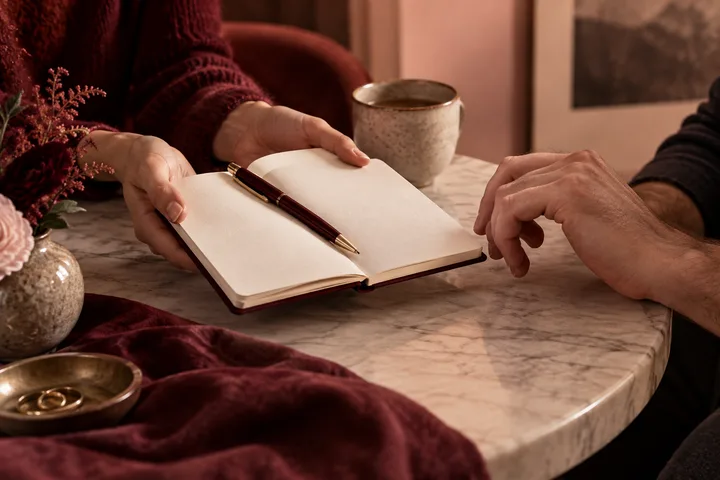 Two people hold an open blank notebook across a marble table, with a pen on its pages and a cup and flowers nearby.