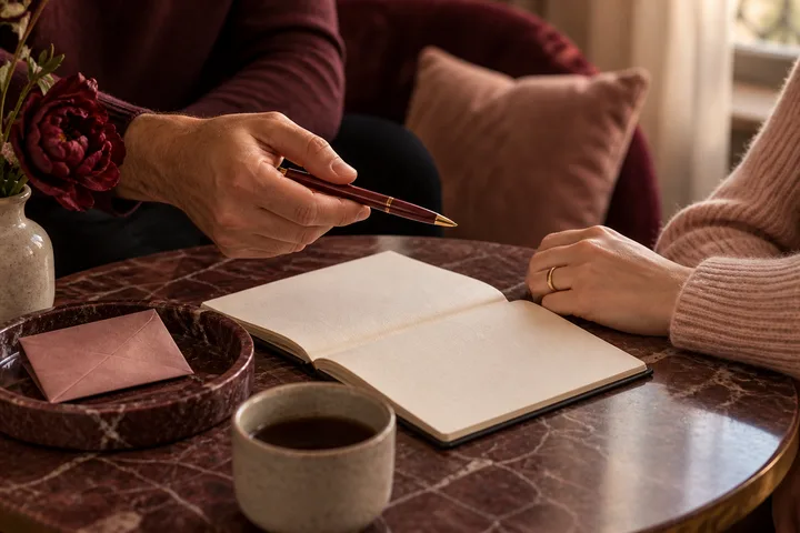 One person holds out a pen toward another person beside an open blank notebook; an envelope, cups, flowers, and a dish are on the table.