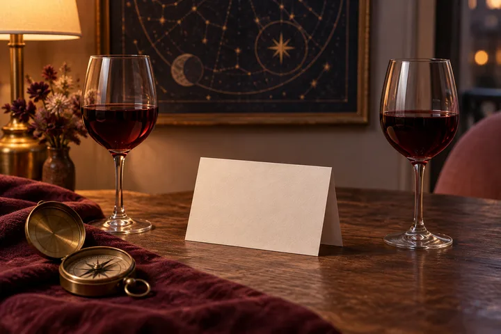 Two wine glasses sit apart around a blank agreement card, compass, and illustrative star chart in a warm burgundy and blush interior.