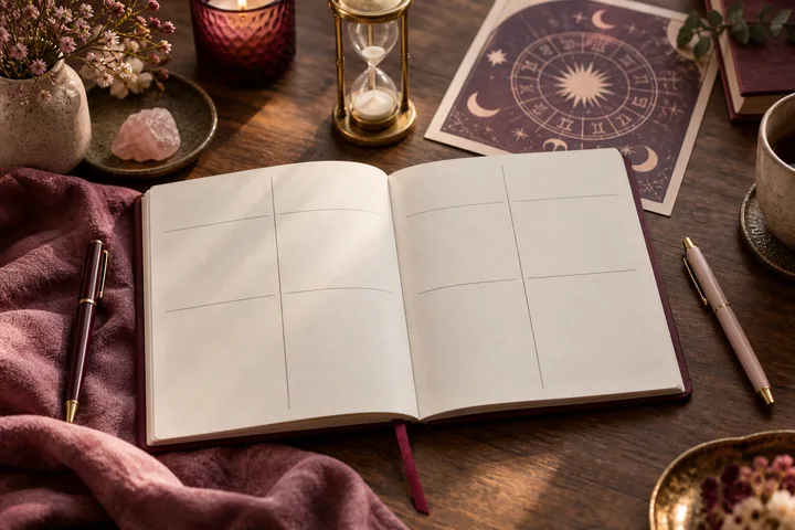 An open notebook with divided blank pages, two pens, a brass hourglass, and an illustrative astrology chart on a burgundy and blush tabletop.
