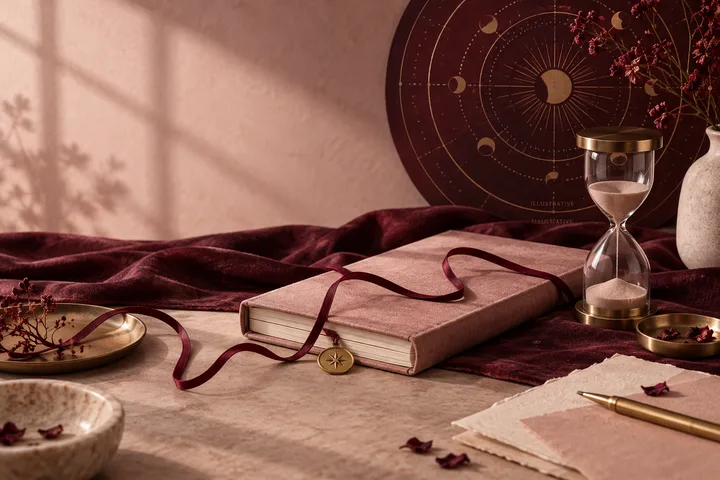 Burgundy ribbon winding around a blush journal beside an hourglass and an illustrative astrological motif, symbolizing watching a relationship pattern over time.