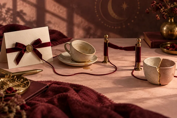 A tactile editorial still life showing a wrapped note, shifted teacup, burgundy boundary ribbon, and visibly repaired ceramic cup as symbols of plans, disappointments, boundaries, and repair.