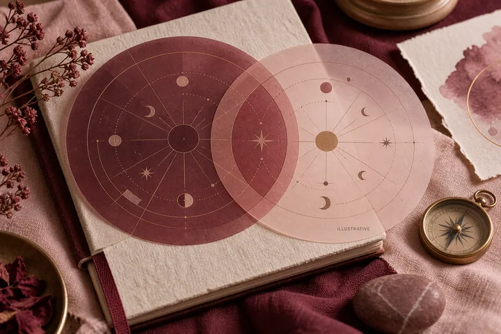 Two overlapping burgundy and blush illustrative chart circles resting on a journal beside a compass, representing astrology as context for relationship dynamics.