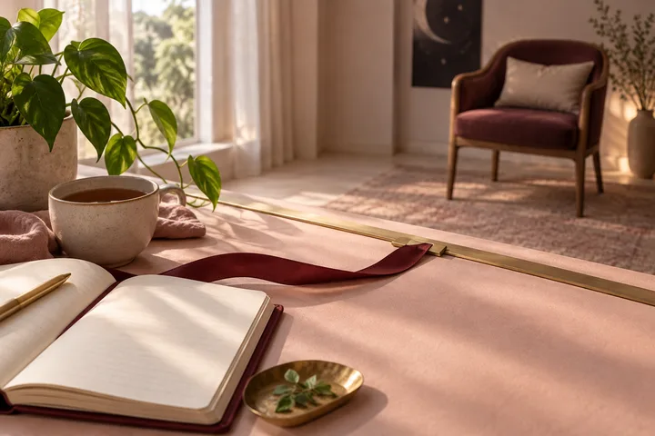 A burgundy ribbon stopping at a brass threshold beside an open journal, tea, and a healthy plant, symbolizing boundaries and a calm next step.