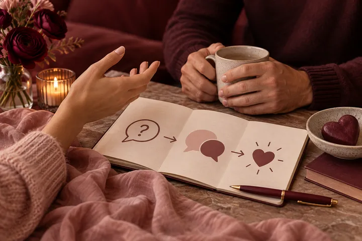 Two people share coffee across an open notebook showing an illustrative question-to-conversation-to-heart sequence in burgundy and blush.