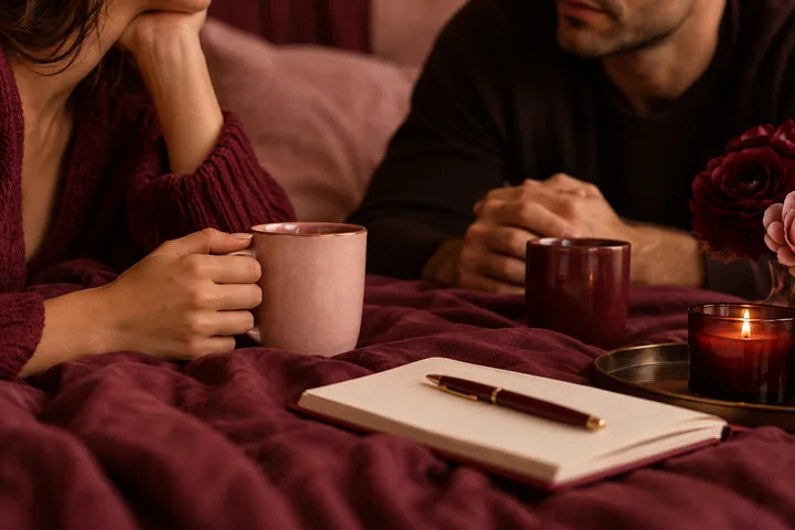 A close-up of a woman and man holding separate coffee cups across a blank notebook, suggesting a calm relationship conversation and room to listen.