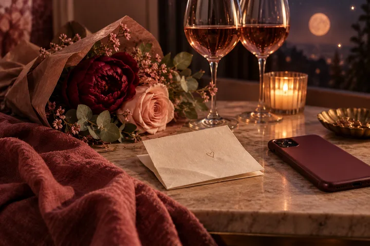 A bouquet of red and pink flowers, two wine glasses, a lit candle, a card with a small heart, and a phone sit on a table beside a burgundy blanket.