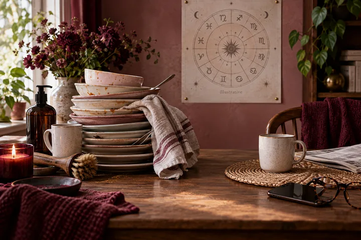 Stacked dishes, a dish brush, and a labeled illustrative zodiac chart sit on a burgundy kitchen table, framing household labor as a relationship question.